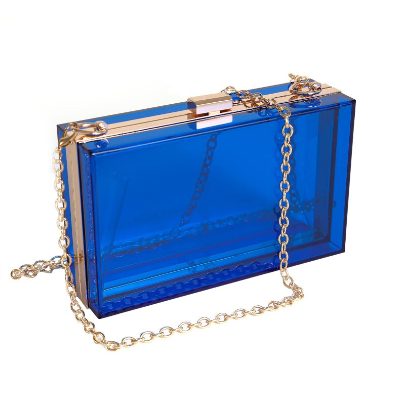 WJCD Women Clear Purse Acrylic Box Clutch Handbag, Small Transparent Crossbody Evening Bag Stadium Approved Gold Chain Strap (Royalblue) - Image 1